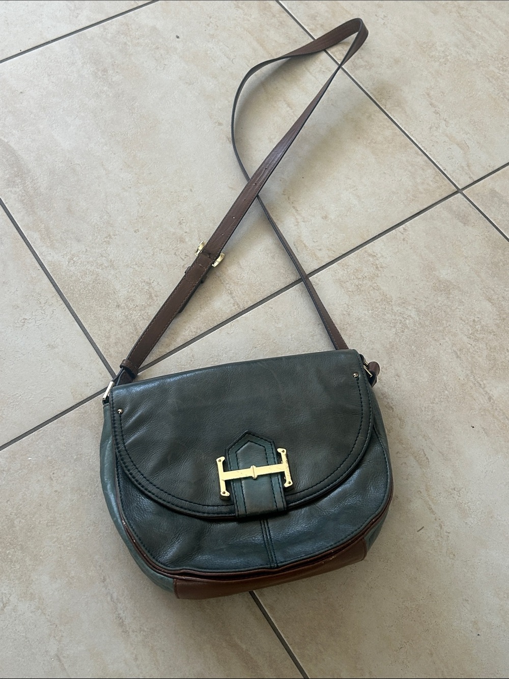 Leather Crossbody Saddle Bag in Dark Green with Gold Hardware